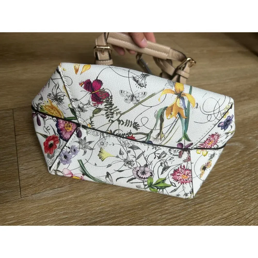 Floral Mini Tote Bag Satchel Purse Botanical Flower Pattern Top Handle Cream Tan